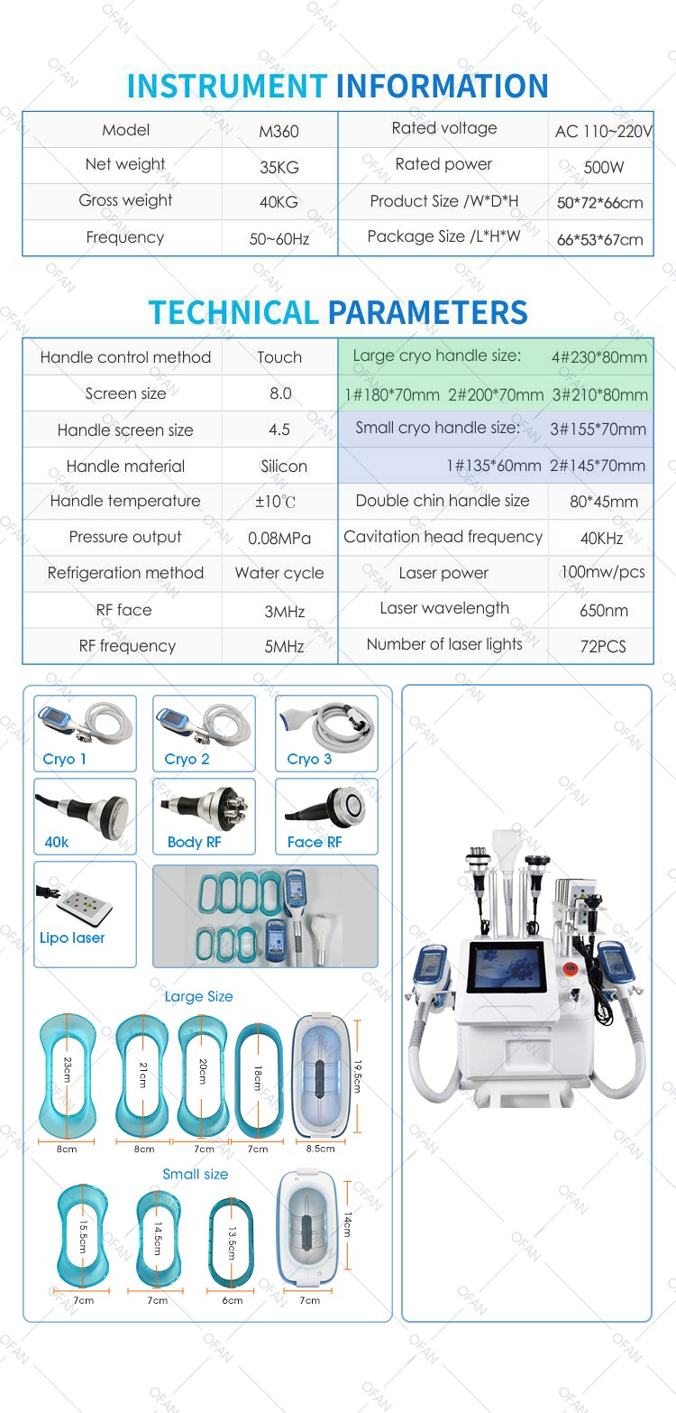 OFAN Criofrecuencia cavitación grasa RF fatfreeze machine crylipolysis 360 maquina crioterapia cabezal criolipolisis